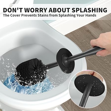 2-Pack Matte Black Toilet Brush Set – Enclosed Splash-Proof Holder & Long Handle | Modern Minimalist Bathroom Cleaner