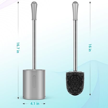 Silicone Toilet Brush with Holder | Wall-Mount or Floor-Stand | Long Handle 16.7 in | Soft TPE Bristles for Deep Cleaning