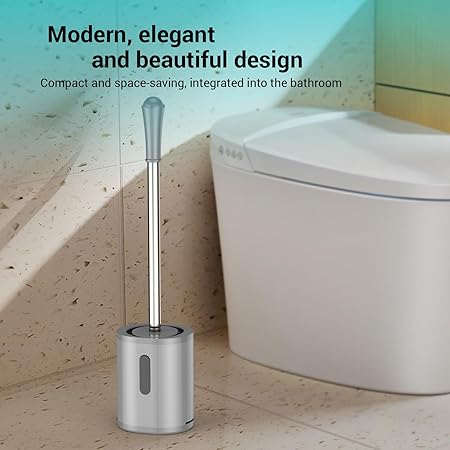 Silicone Toilet Brush with Holder | Wall-Mount or Floor-Stand | Long Handle 16.7 in | Soft TPE Bristles for Deep Cleaning