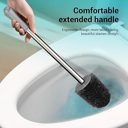 Silicone Toilet Brush with Holder | Wall-Mount or Floor-Stand | Long Handle 16.7 in | Soft TPE Bristles for Deep Cleaning