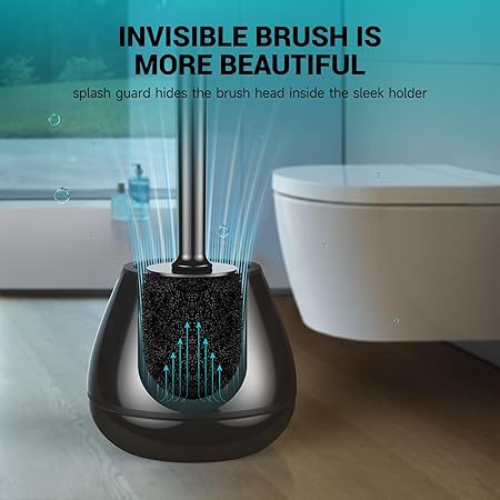Black Silicone Toilet Brush with Rounded Holder | Soft TPE Bristles | Ergonomic Handle | Compact & Stylish Bathroom Cleaner