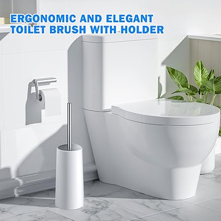 White Toilet Brush with Ventilated Holder | Stainless Steel Handle | Fast Drain Base | Deep Cleaning for Bathroom