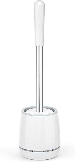 White Toilet Brush with Stainless Steel Handle | Silicone Head & Ventilated Round Holder | Hygienic Bathroom Cleaning Tool