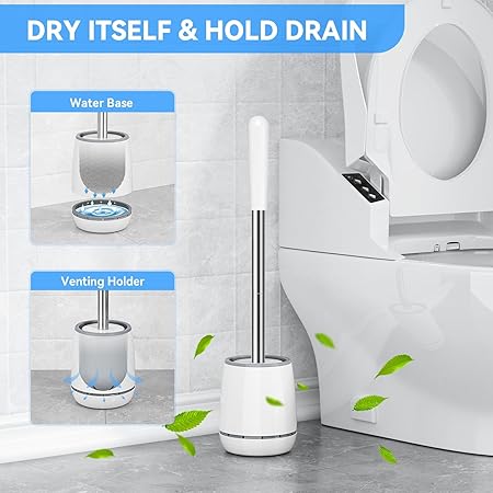 White Toilet Brush with Stainless Steel Handle | Silicone Head & Ventilated Round Holder | Hygienic Bathroom Cleaning Tool