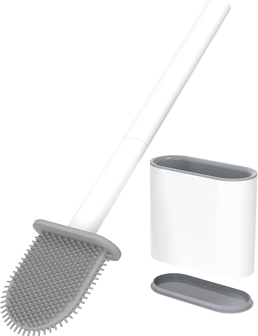 Silicone Toilet Brush with Wall-Mount Holder | Round Flat Head | Quick-Dry Ventilated Base | Compact for Small Bathrooms