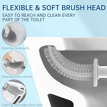 Silicone Toilet Brush with Wall-Mount Holder | Round Flat Head | Quick-Dry Ventilated Base | Compact for Small Bathrooms