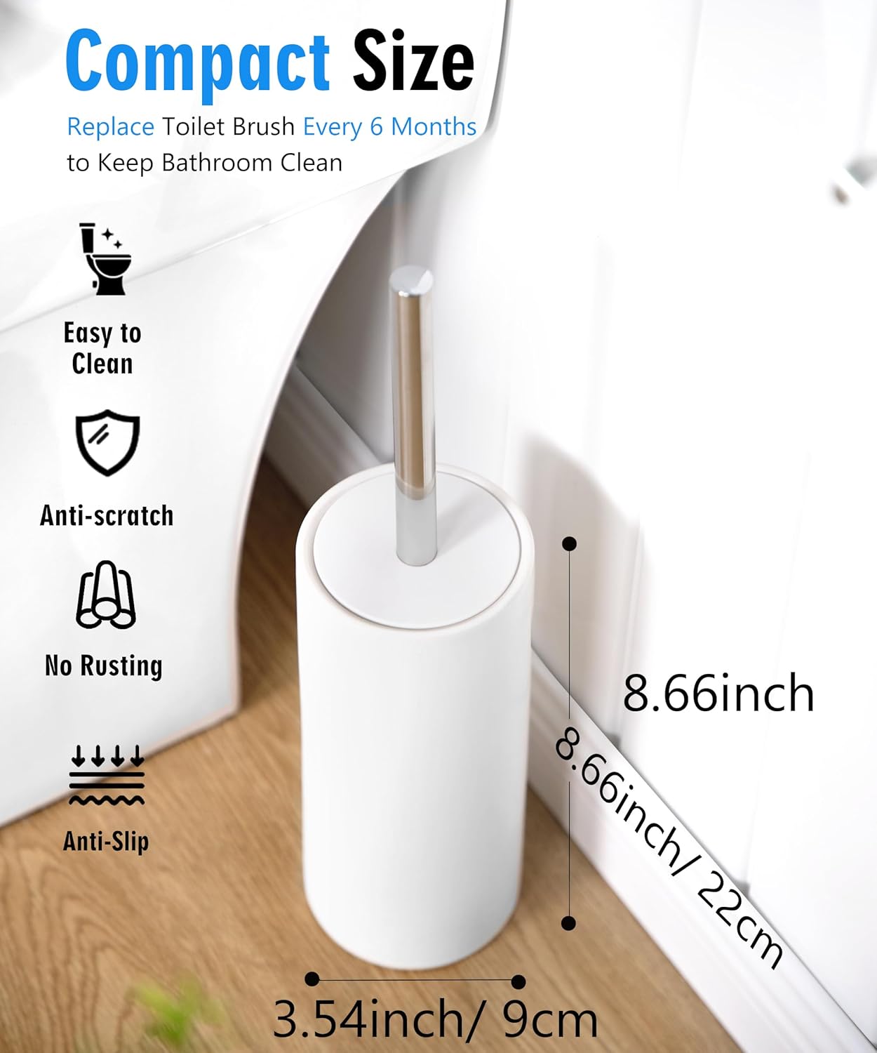 Minimalist Toilet Brush with Stainless Steel Handle | Compact Cylinder Design | Anti-Rust & Anti-Slip Base