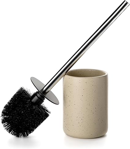 Toilet Brush Set with Integrated Stainless Steel Handle | Stone-Effect Ceramic Holder | Compact & Stylish Design