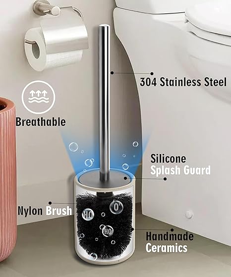 Toilet Brush Set with Integrated Stainless Steel Handle | Stone-Effect Ceramic Holder | Compact & Stylish Design