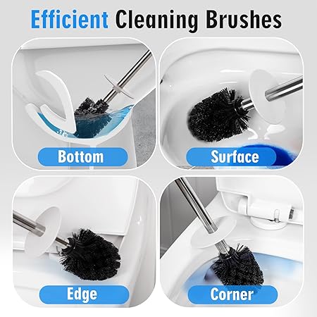 Toilet Brush Set with Integrated Stainless Steel Handle | Stone-Effect Ceramic Holder | Compact & Stylish Design