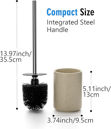 Toilet Brush Set with Integrated Stainless Steel Handle | Stone-Effect Ceramic Holder | Compact & Stylish Design