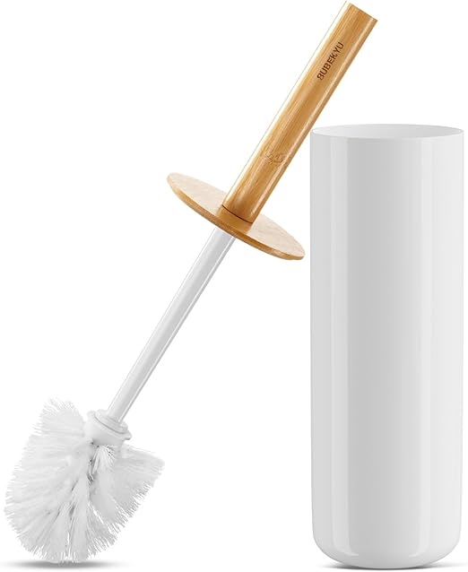 Eco-Friendly Toilet Brush with Bamboo Handle | Enclosed Ceramic Holder | White Nylon Bristles | Minimalist Bathroom Cleaner