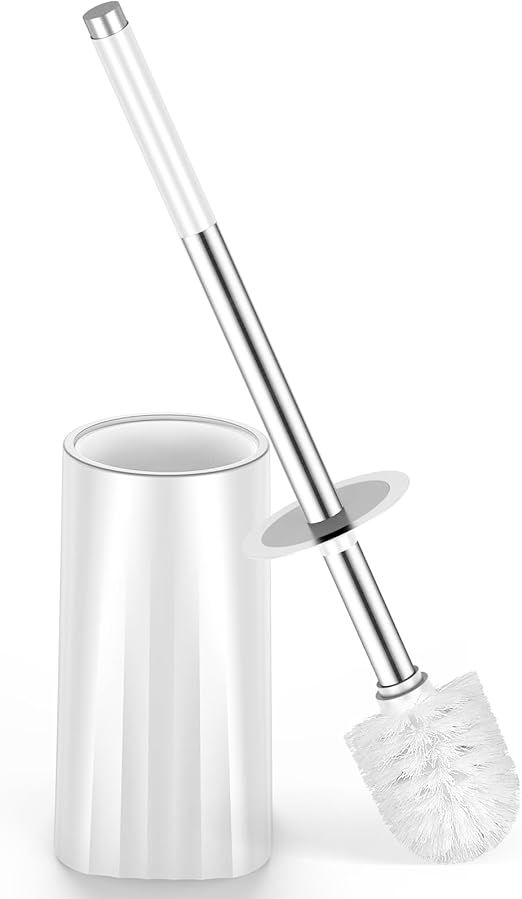Toilet Brush Set with Stainless Steel Handle | Enclosed Base | White Nylon Bristles | Rust-Resistant & Compact