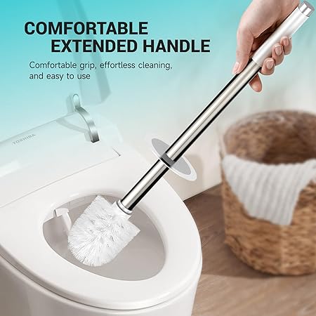 Toilet Brush Set with Stainless Steel Handle | Enclosed Base | White Nylon Bristles | Rust-Resistant & Compact
