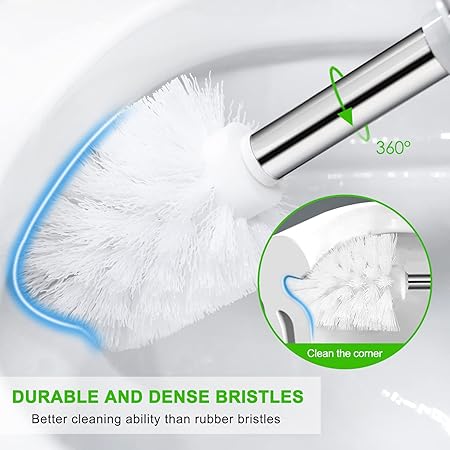 Toilet Brush Set with Stainless Steel Handle | Enclosed Base | White Nylon Bristles | Rust-Resistant & Compact