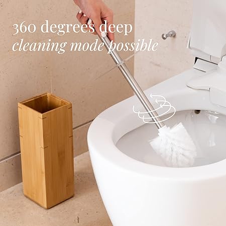 Bamboo Toilet Brush Set with Stainless Steel Handle | Removable Ceramic Cup | Eco-Friendly Wooden Storage Holder