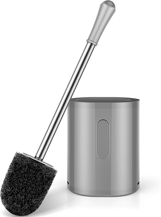 Silicone Toilet Brush with Holder | Wall-Mount or Floor-Stand | Long Handle 16.7 in | Soft TPE Bristles for Deep Cleaning
