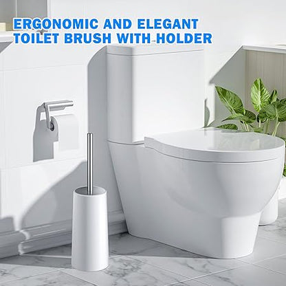 White Toilet Brush with Ventilated Holder | Stainless Steel Handle | Fast Drain Base | Deep Cleaning for Bathroom