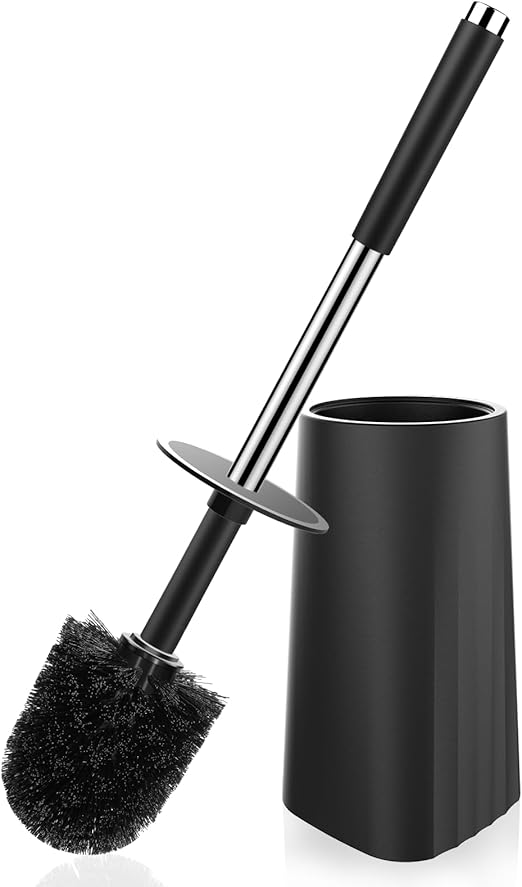 Black Silicone Toilet Brush Set with Ventilated Holder | Space-Saving Design | Long Handle & Flexible Bristles