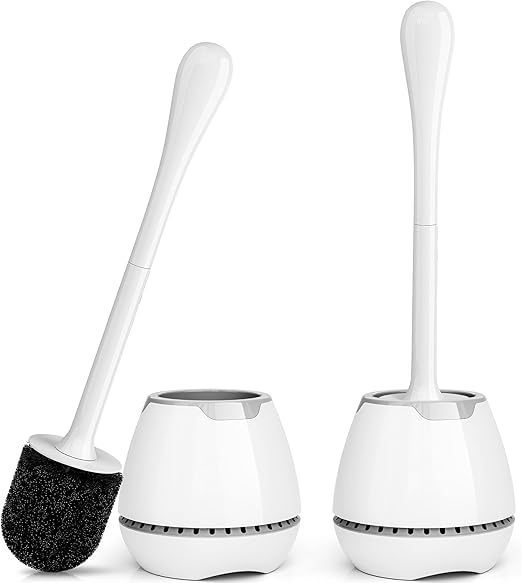 2-Pack Silicone Toilet Brush Set with Ventilated Round Holder | Flexible TPE Head | Ergonomic Long Handle | Minimalist Design