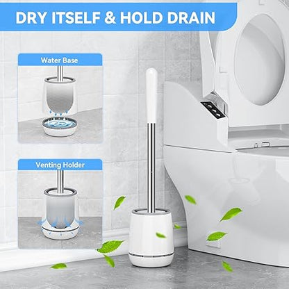White Toilet Brush with Stainless Steel Handle | Silicone Head & Ventilated Round Holder | Hygienic Bathroom Cleaning Tool