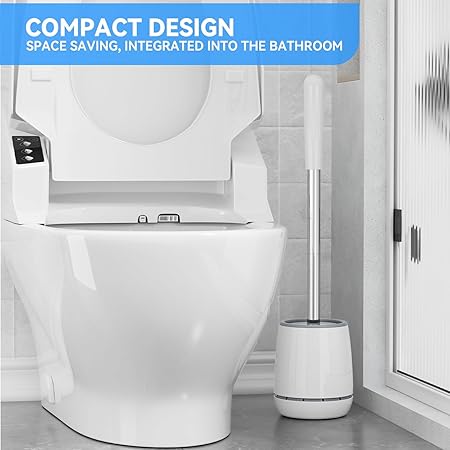 White Toilet Brush with Stainless Steel Handle | Silicone Head & Ventilated Round Holder | Hygienic Bathroom Cleaning Tool