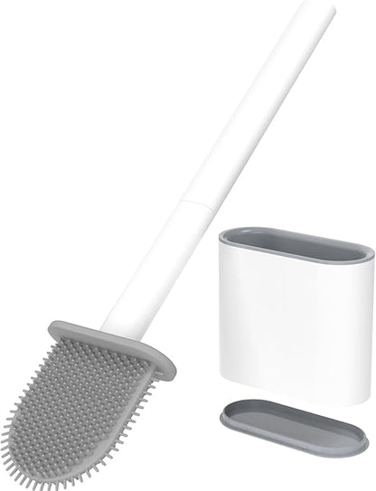 Silicone Toilet Brush with Wall-Mount Holder | Round Flat Head | Quick-Dry Ventilated Base | Compact for Small Bathrooms
