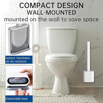 Silicone Toilet Brush with Wall-Mount Holder | Round Flat Head | Quick-Dry Ventilated Base | Compact for Small Bathrooms